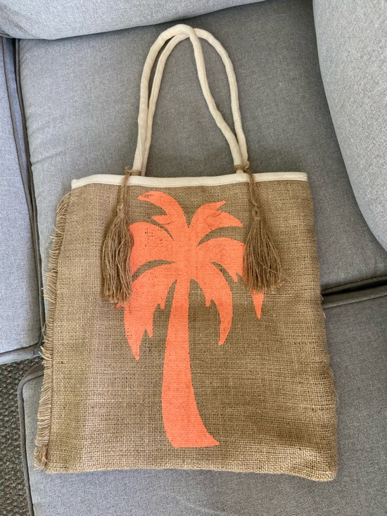 Handbags - Burlap Beach Tote with Coral Palm Print